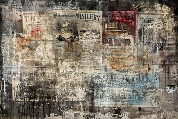 Fototapeta premium Weathered Metal Billboard with Vintage Ads in Industrial Setting