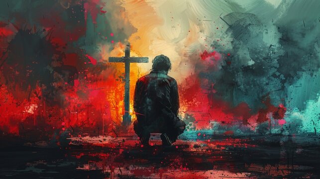 A man kneels before a cross and prays. Digital watercolor painting.
