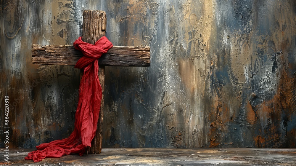 Canvas Prints christians celebrate easter with a wooden cross and red cloth on a grunge background.