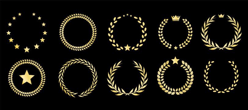Set of wreaths and branches with leaves. Hand drawing laurel wreaths and branches collection. Laurels wreaths, swirls, twigs and flower ornaments. Herbs, flowers and plants elements. Design elements.