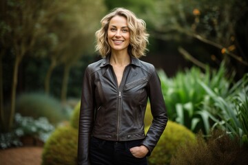 Obraz premium Portrait of a smiling woman in her 40s sporting a stylish leather blazer over lush green garden