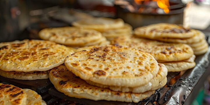 Closeup photo of Pupusas a popular street food in El Salvador. Concept Street Food Photography, Close-up Shots, Traditional Cuisine, Food Culture, Culinary Delights