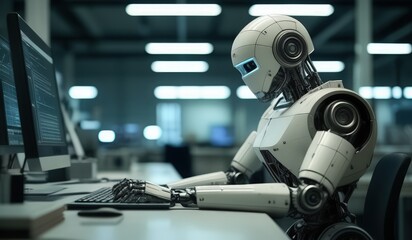 robots work in front of a laptop or computer. robots replace regular employees. Robot intelligence replaces human work. worker robots of the future. robot android