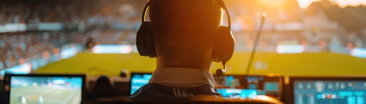 Sportscaster wearing headphones in commentator booth overlooking lit sports field, captures excitement and action of live broadcasting.