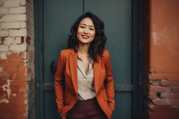 Fototapeta premium Portrait of a happy asian woman in her 30s dressed in a stylish blazer on vintage brick wall