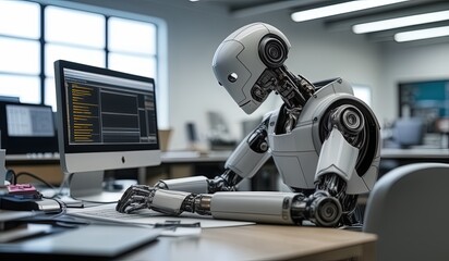robots work in front of a laptop or computer. robots replace regular employees. Robot intelligence replaces human work. worker robots of the future. robot with laptop