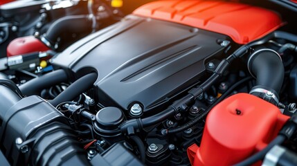 Fototapeta premium Detailed view of a modern car engine showcasing red and black components, highlighting the engineering and intricate design.