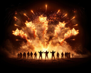 Captivating and Vibrant Fireworks Seen Through a Silhouette of People Stunning Visuals of Explosive Displays That Illuminate the Night Sky in Mesmerizing Colors and Shapes