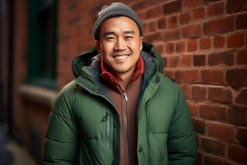 Portrait of a grinning asian man in his 40s donning a durable down jacket isolated in vintage brick wall