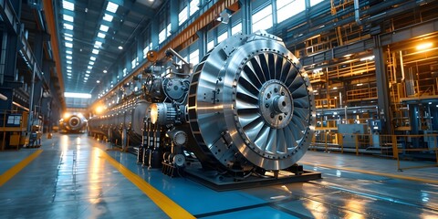 Obraz premium Twilight power factory with gas turbine for electricity generation in energy. Concept Power Generation, Gas Turbine, Energy Efficiency, Twilight Technology, Electricity Production