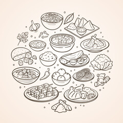 Hand-drawn typical Indian food dishes and the most used ingredients in Indian cuisine. Isolated items. Vector illustration.
