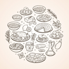 Hand-drawn typical Greek food dishes and the most used ingredients in Greek cuisine. Isolated items. Vector illustration.