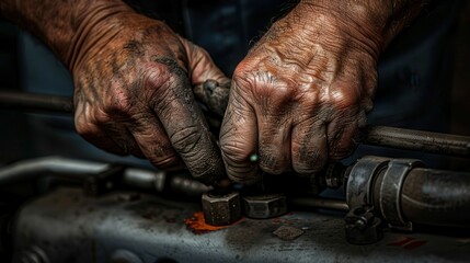 Close-up of a mechanic's dirty hands gripping engine components, showcasing the hands-on nature of mechanical work and dedication.