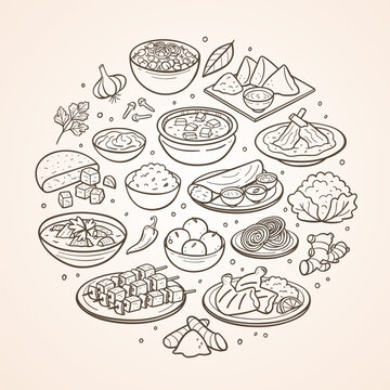 Hand-drawn typical Indian food dishes and the most used ingredients in Indian cuisine. Isolated items. Vector illustration.