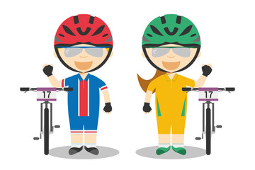 Sports vector illustrations: Cycling MTB male and female cartoon characters