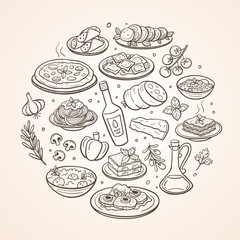 Hand-drawn typical Italian food dishes and the most used ingredients in Italian cuisine. Isolated items. Vector illustration.
