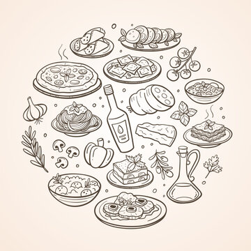 Hand-drawn typical Italian food dishes and the most used ingredients in Italian cuisine. Isolated items. Vector illustration.