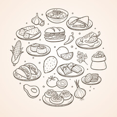 Hand-drawn typical Mexican food dishes and the most used ingredients in Mexican cuisine. Isolated items. Vector illustration.
