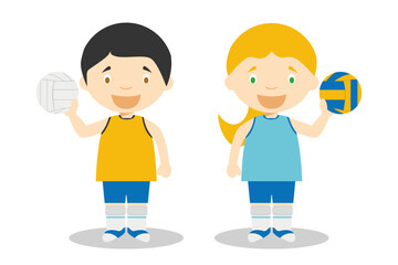 Sports vector illustrations: Volleyball male and female cartoon characters