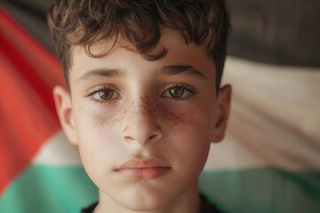 powerful portrait of young palestinian boy determination in his eyes soft focus palestinian flag billows behind symbolizing hope and resilience cinematic lighting emphasizes emotional depth