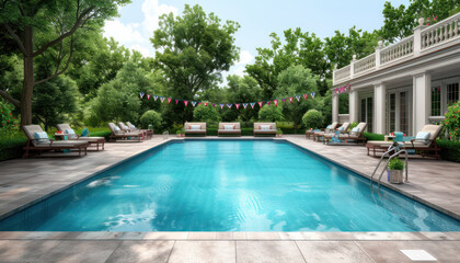 Fototapeta premium Friends Having a Pool Party with Festive Red, White, and Blue Decorations, Enjoying Summer Fun, Water Games, Barbecue, Music, and Good Times by the Poolside in a Lively and Patriotic Atmosphere