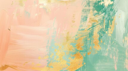 Abstract background with broad brushstrokes and gold leaf on a peach to mint gradient
