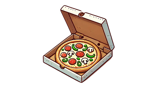 A simple, cartoon-style image of a pizza in an open pizza box on a transparent background, with toppings like pepperoni, mushrooms, and green peppers