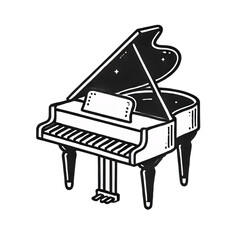 A stylized black and white line drawing of a grand piano on a transparent background, surrounded by floating music notes and small stars
