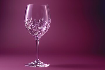 Elegant crystal wine glass with etched vine motifs, refined design, flat lay on a deep purple background