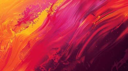 Energetic brushstrokes with neon hues on a crimson to orange gradient backdrop