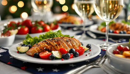 Patriotic themed table setting, festive and colorful, ready for a feast with stars, stripes and delicious food, perfect for national celebrations, family gatherings, and holiday parties