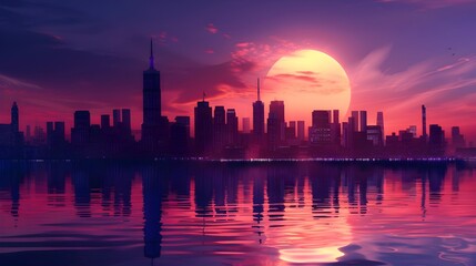 Obraz premium Captivating Dawn Cityscape of Modern Skyscrapers with Stunning Colors and Reflections