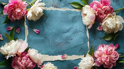 A blank note with delicate peonies surrounding it, ample copy space