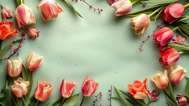 A colorful note paper with a border of tulips, large copy space