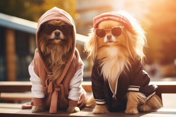 Two dogs dressed in hoodies and sunglasses, sitting on a bench outdoors in a sunny urban environment.