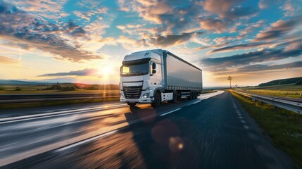 Stunning Sunset Highway Drive with White Truck, Blue Skies, and Sun Rays - A High-Resolution, Hyperrealistic Landscape Photography Masterpiece
