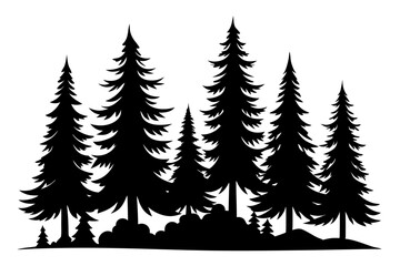 Obraz premium Pine tree silhouettes, Fir trees silhouette. Evergreen forest firs and spruces black shapes, wild nature trees templates. Vector illustration woodland trees set on white background