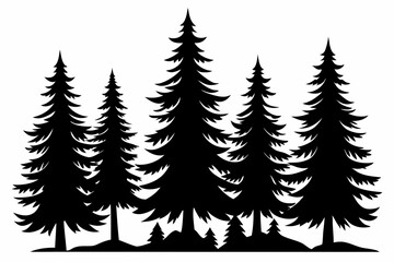 Pine tree silhouettes, Fir trees silhouette. Evergreen forest firs and spruces black shapes, wild nature trees templates. Vector illustration woodland trees set on white background