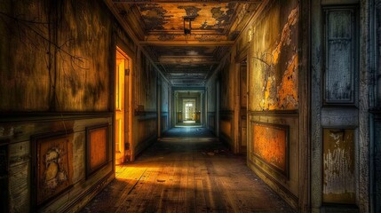 Fototapeta premium Eerie Abandoned Asylum Corridors with Ghostly Figures at Night