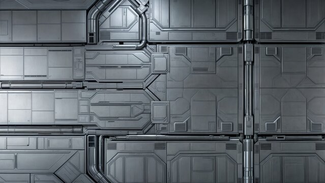 A close-up of a futuristic metal wall panel with pipes and grilles, suggesting an industrial or technological environment