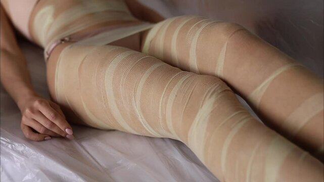 Professional cosmetologist woman removes all bandages after the procedure of wrapping in a beauty salon.