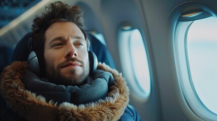 a man sits on an airplane near the Porthole,  he has a special travel pillow on her neck, real photo, 4K,