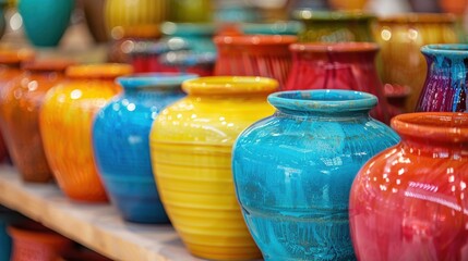 A collection of brightly colored ceramic vases displayed in a vibrant market, showcasing a variety of vivid hues and textures.
