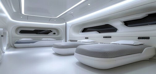 Futuristic minimalistic bedroom with sleek white beds and ambient lighting, embodying modern, clean, and contemporary architecture.
