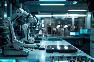 Robotic Arms Working in a Modern Factory. Automation, Technology, and Industry 4.0