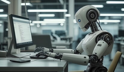 arobots work in front of a laptop or computer. robots replace regular employees. Robot intelligence replaces human work. worker robots of the future. rm in front of a computer