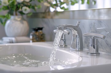 A sleek bathroom faucet with running water in a modern, stylish bathroom setting, featuring flowers and clean marble surfaces.