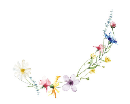 Watercolor painted floral wreath frame. Yellow, blue, white and pink wild flowers. Arched shape frame. Template illustration.