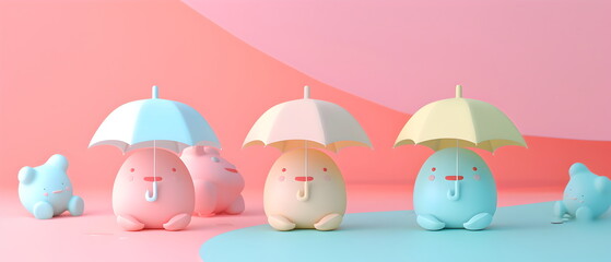 3D clay, Adorable clay a umbrella figures ,muted pastels, Blender 3d,  colorful model and cute , kawaii umbrella model, dolls decorations	