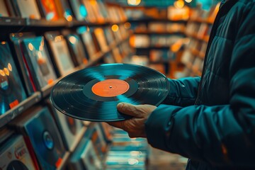 Holding a classic vinyl record with grooves and a vintage label in one hand